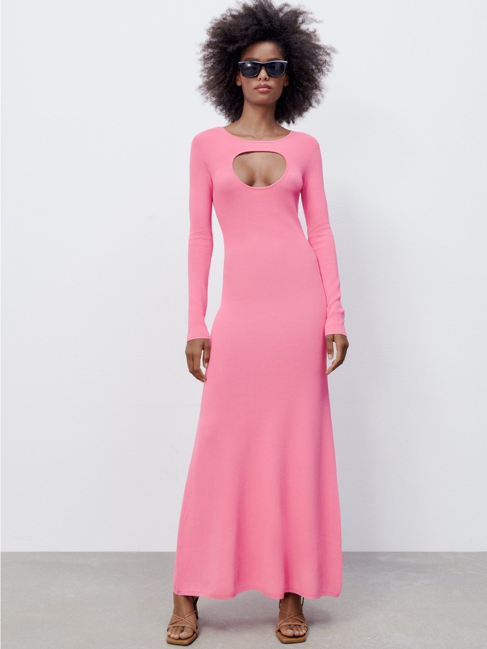 Zara pink cut-out long sleeve stretch knit dress S